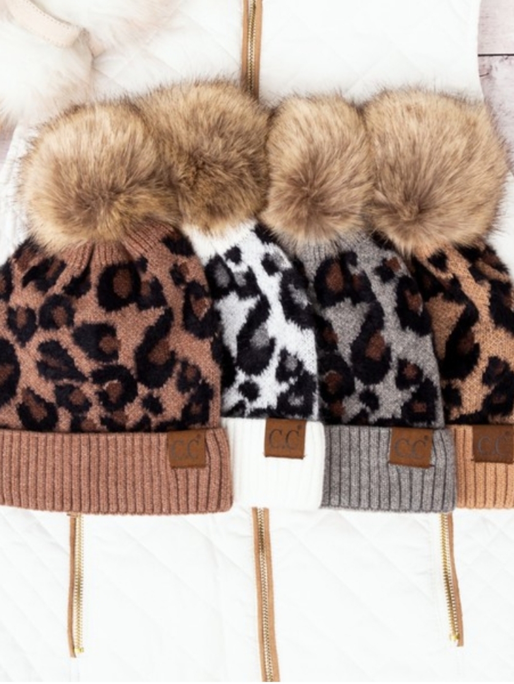 C.C. Leopard Pom Beanie ⚡ Soft Knit Faux Fur Hat | Ivory Mocha Latte Grey | NWT